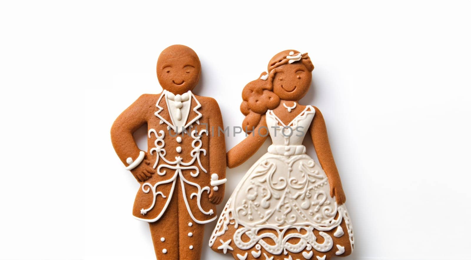 Gingerbread bride and groom cookies isolated on white background. Decorated Wedding Cookies. Married couple. Valentines,Christmas concept Copy space