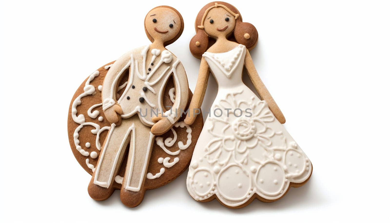 Gingerbread bride and groom cookies isolated on white background. Decorated Wedding Cookies. Married couple. Valentines,Christmas concept Copy space