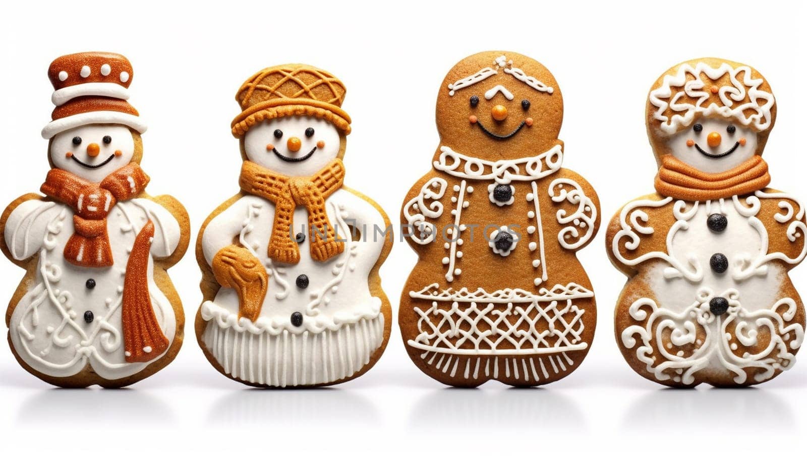 Christmas snowman shaped gingerbread cookies isolated on white background, Merry Christmas concept