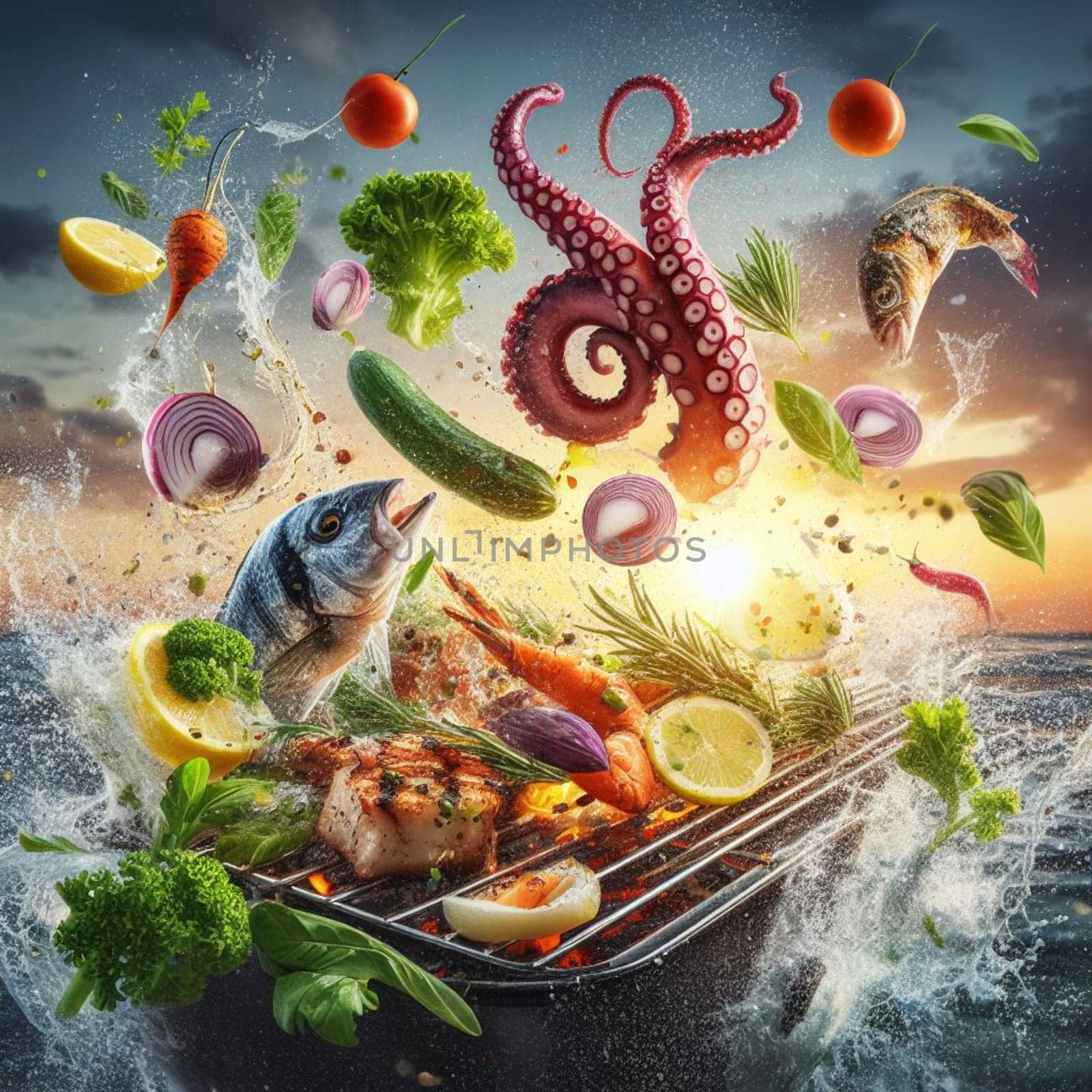 fish and seafood barbacue flying pieces of meat and veggies , splahing sauces, sunset golden light by verbano
