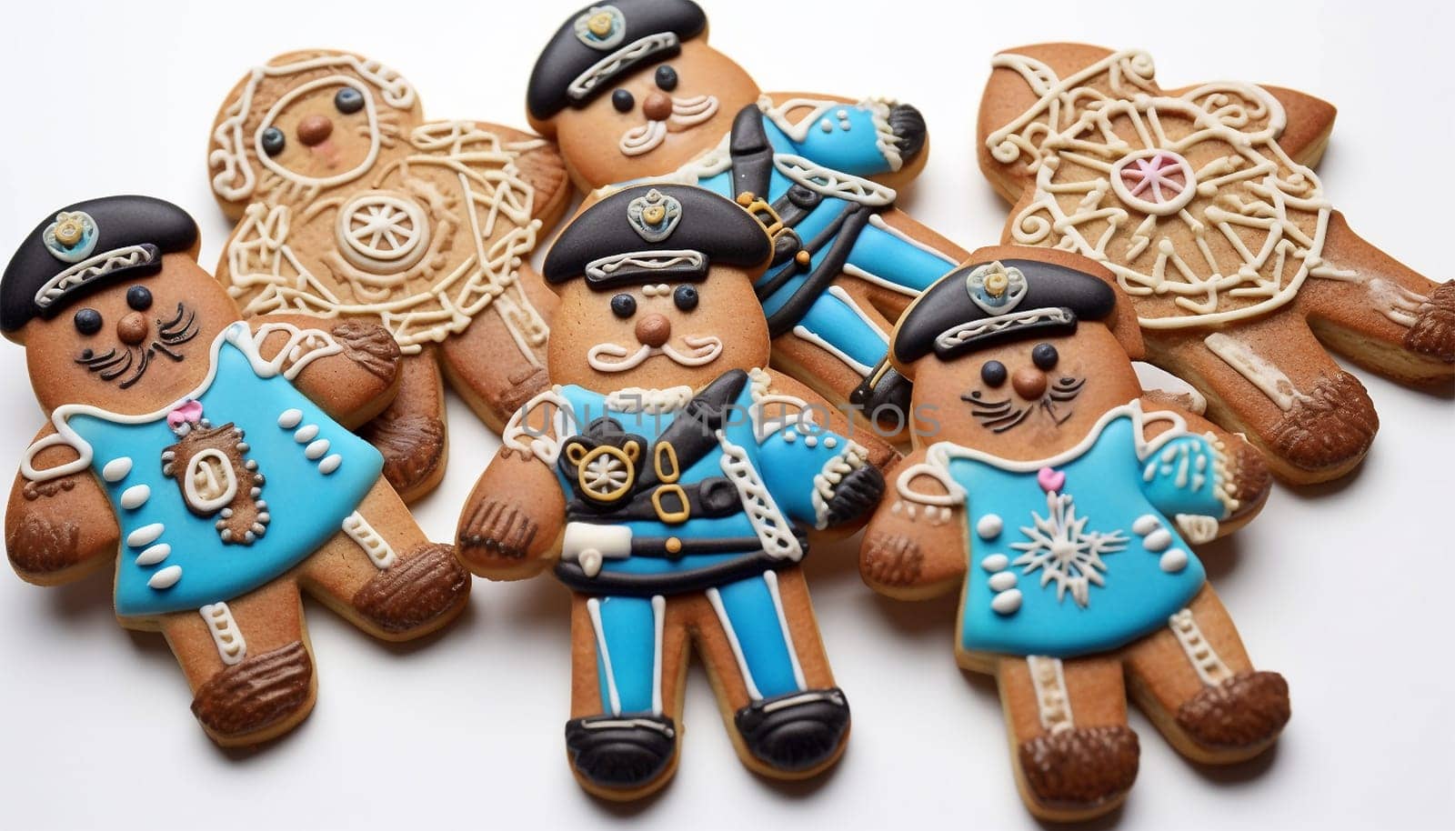 Gingerbread police officer cookies isolated on white background. Cop Business,Merry Christmas concept Copy space