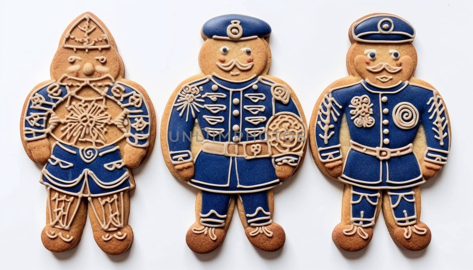 Gingerbread police officer cookies isolated on white background. Cop Business,Merry Christmas concept Copy space