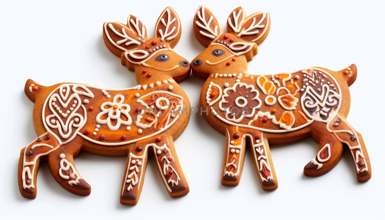 Gingerbread reindeer cookies. Christmas Gingerbread Cookie. Set of winter sweet homemade biscuits in the form of different characters and holiday items isolated on white background. Cute Cartoon illustration