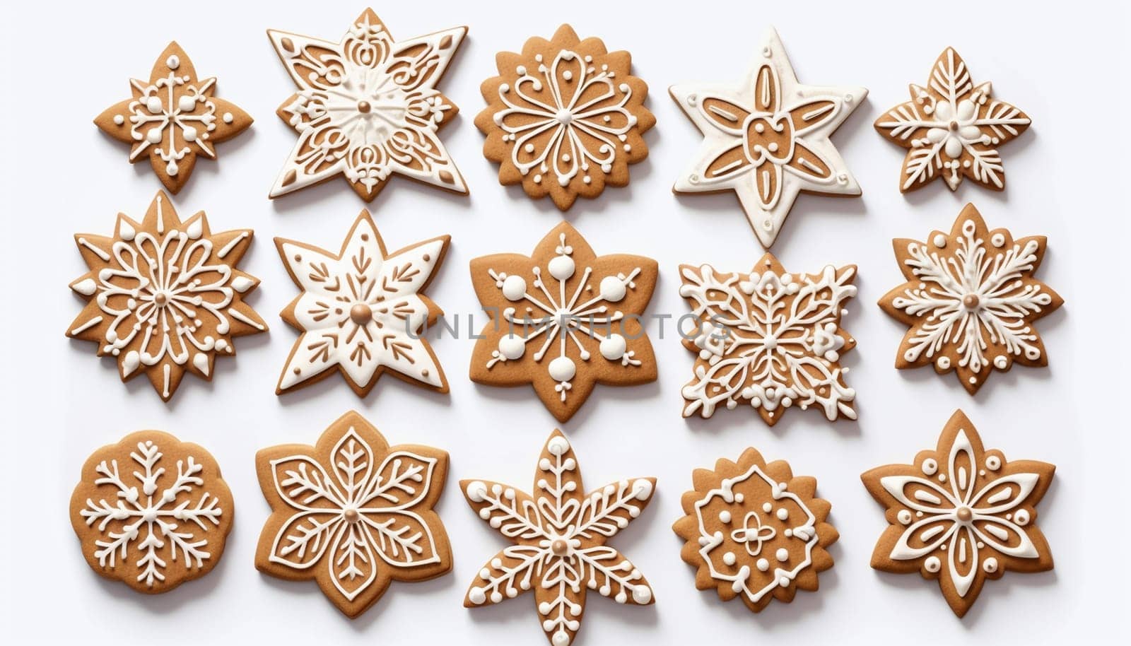 Gingerbread snowflake cookies. Cookies gingerbread in shape of star and snowflake with sugar glazed in a cartoon style. Festive sweet cookies on white background. Homemade dessert. illustration cute