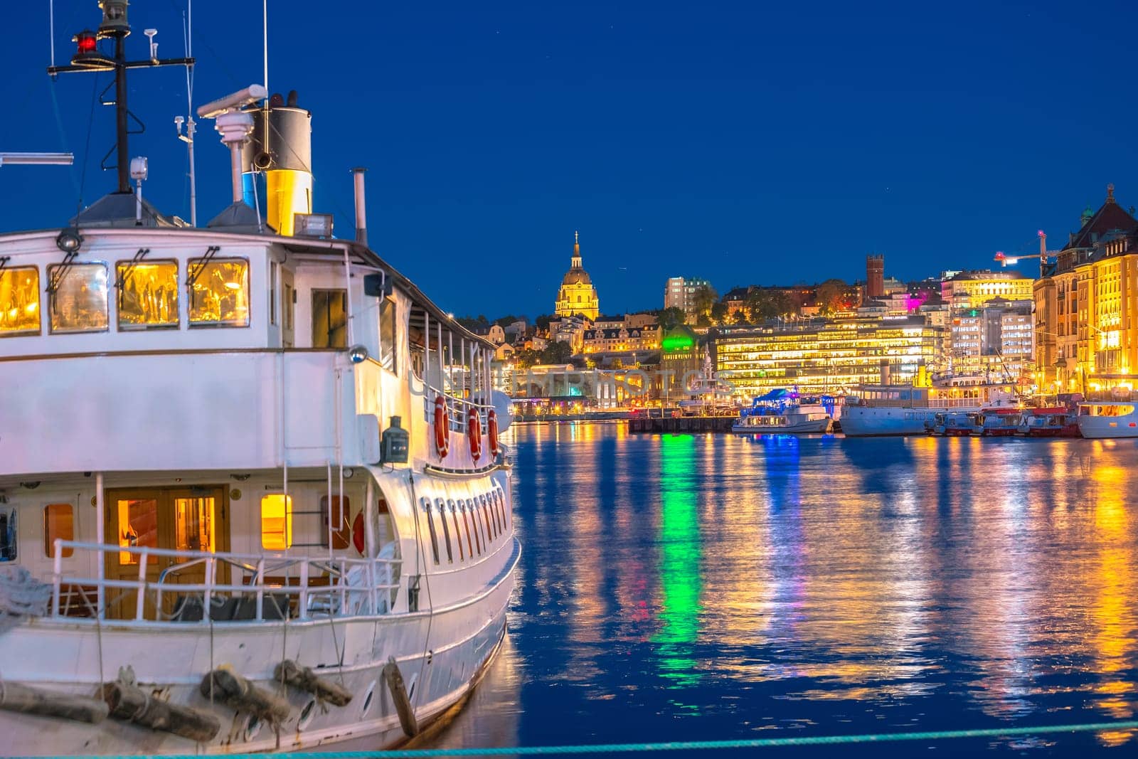 City of Stockholm harbor and waterfront evening view, capital of Sweden