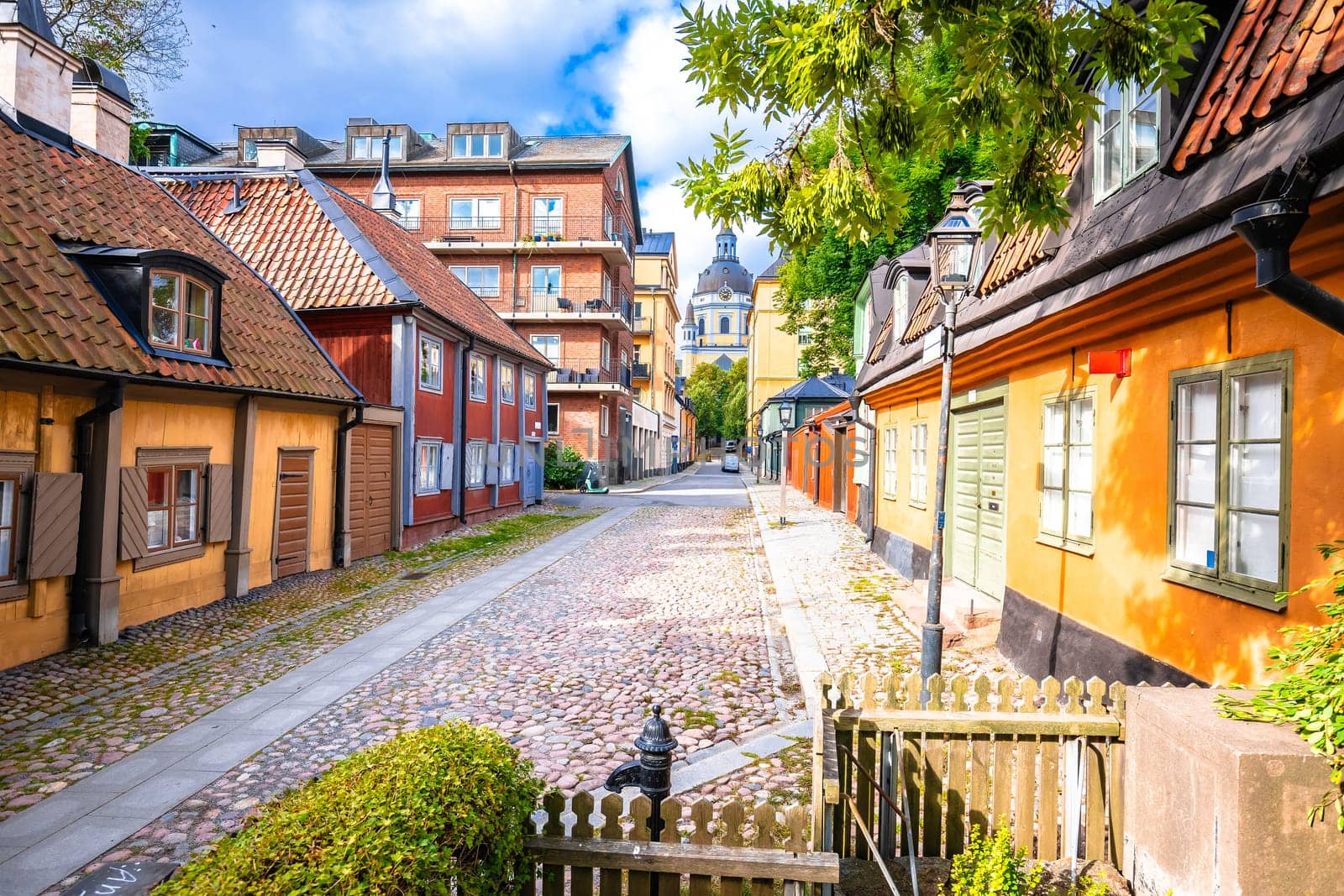 Colorful architecture of Stockholm old city center upper town, Saint Katarina Parish church, capital of Sweden