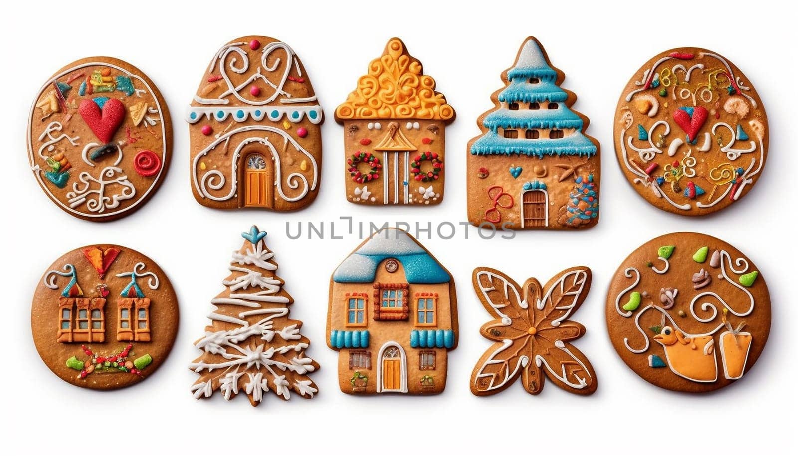 Christmas Gingerbread Cookie. Set of winter sweet homemade biscuits in the form of different characters and holiday items isolated on white background. Cute Cartoon illustration cute