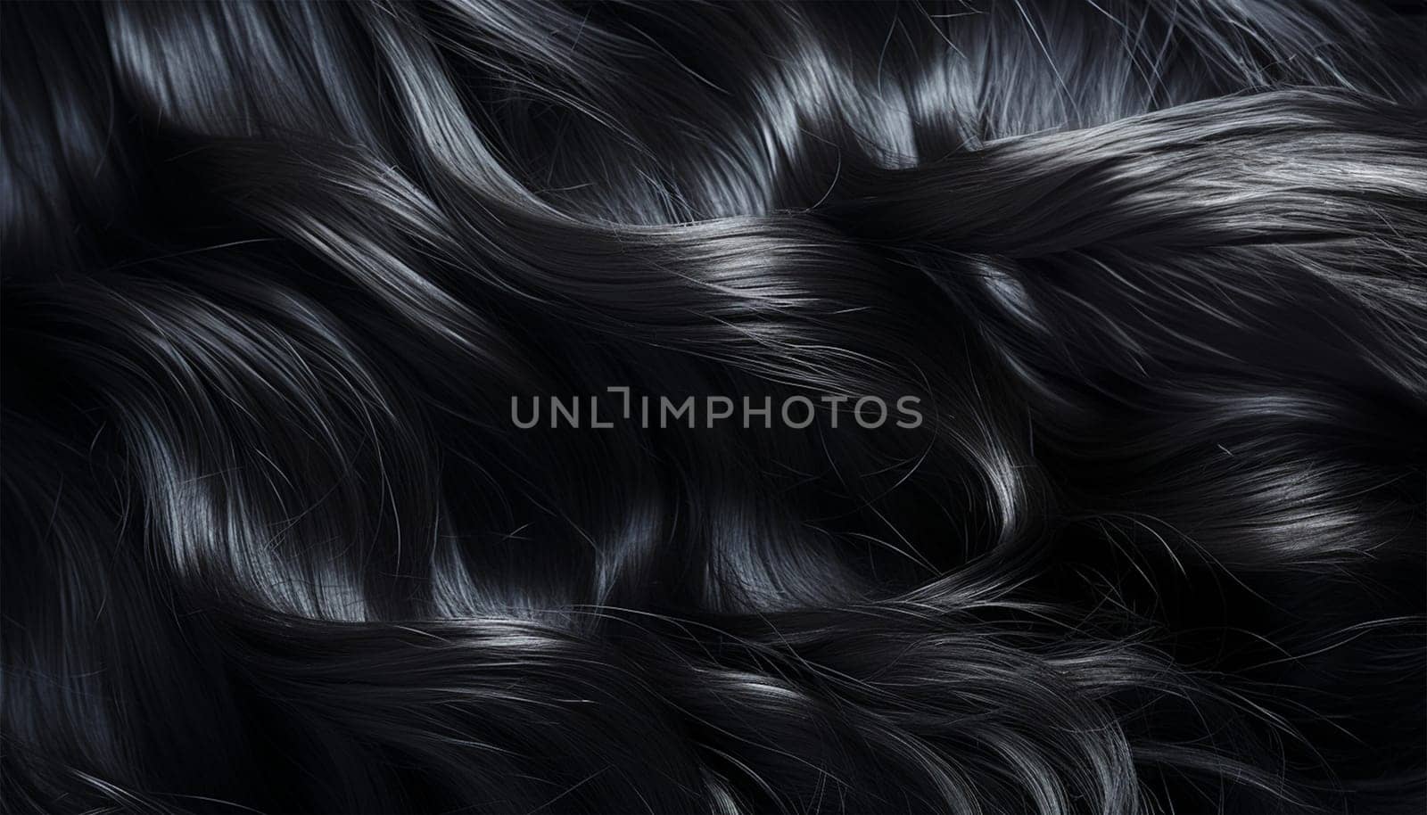 Black hair background texture model product. Female long dark hair in black. Beautifully laid curls. Closeup texture in a dark key. Hairdressing, hair care and coloring. Shading gray hair. Background with copy space. Concept for advertisement close up