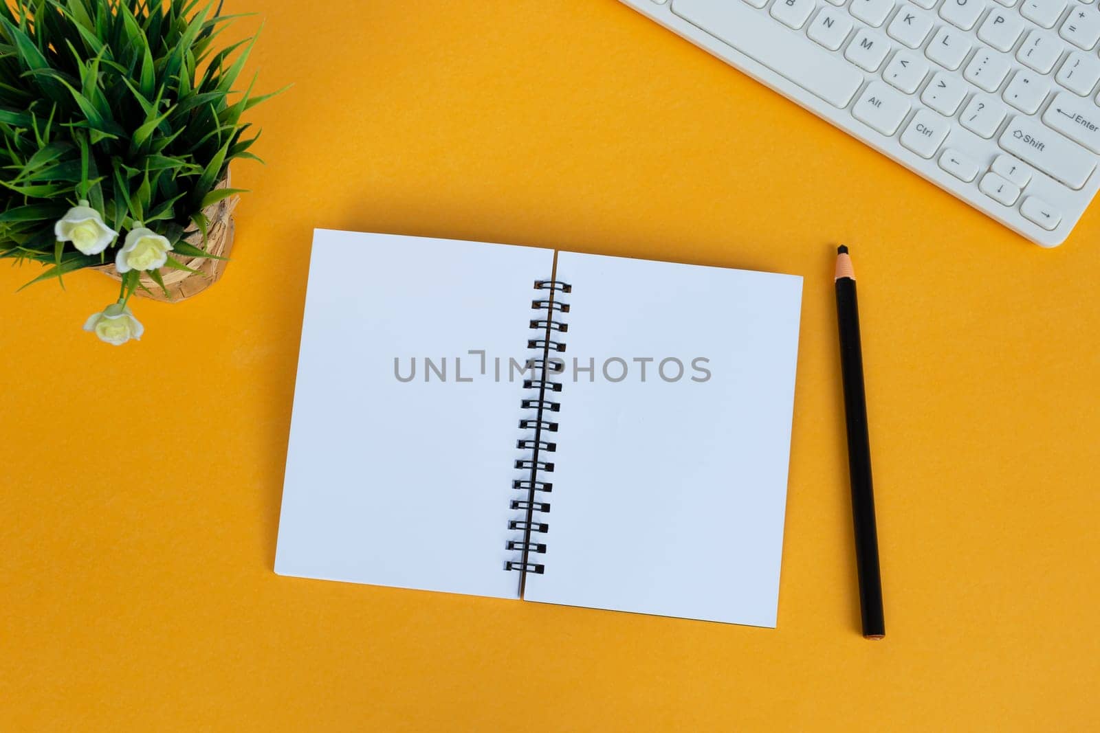 Directly above view of office desk with white computer keyboard, pen, notepad, and potted plant on yellow background. Copy space. Flat lay.