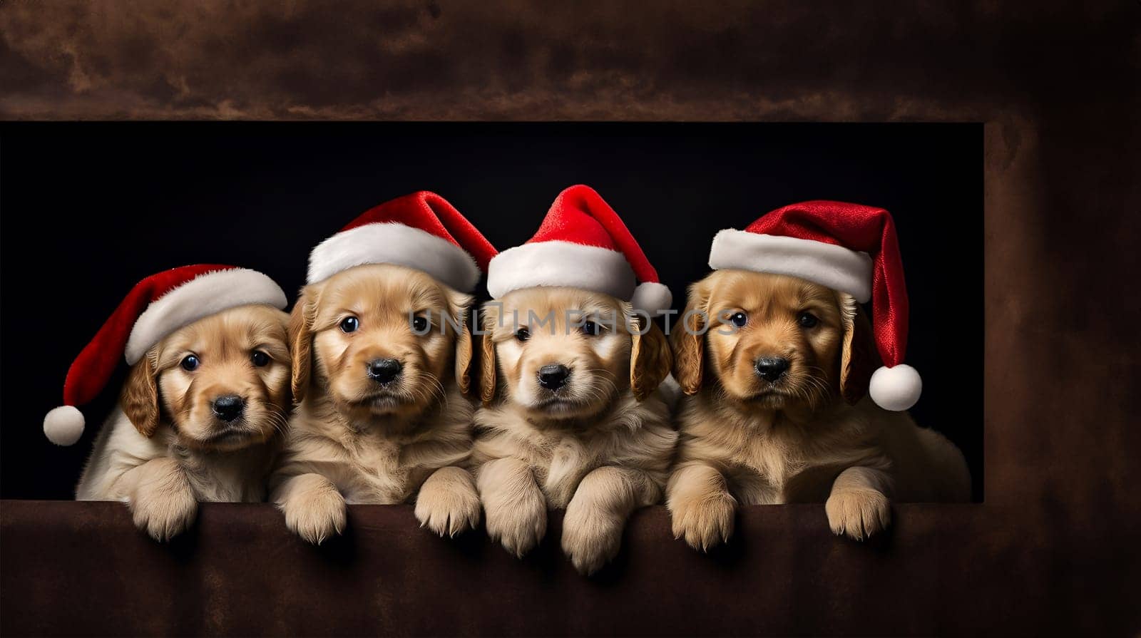 Super cute puppies wearing Santa Claus Christmas hat. group of adorable puppies wearing Christmas costumes copy space. Merry Christmas concept background Space for text