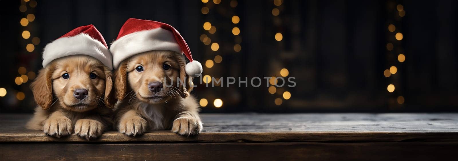 Super cute puppies wearing Santa Claus Christmas hat. group of adorable puppies wearing Christmas costumes copy space. Merry Christmas concept background Space for text