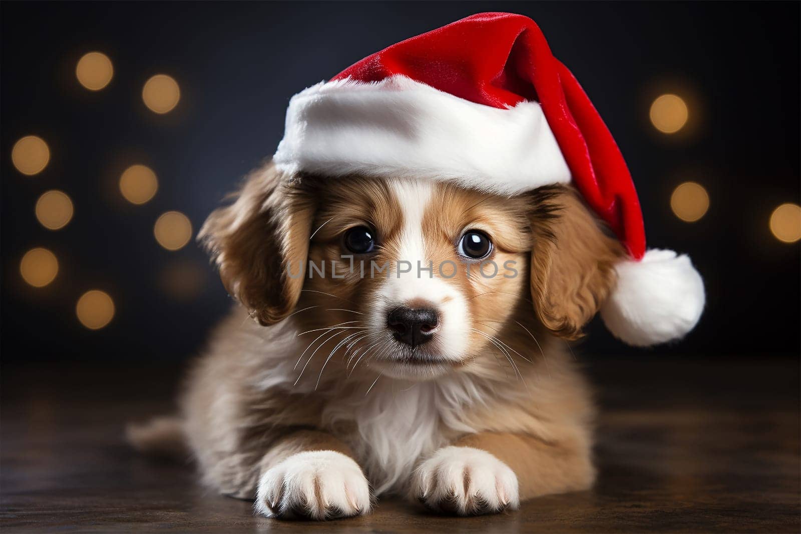 Super cute puppies wearing Santa Claus Christmas hat. group of adorable puppies wearing Christmas costumes copy space. Merry Christmas concept background Space for text