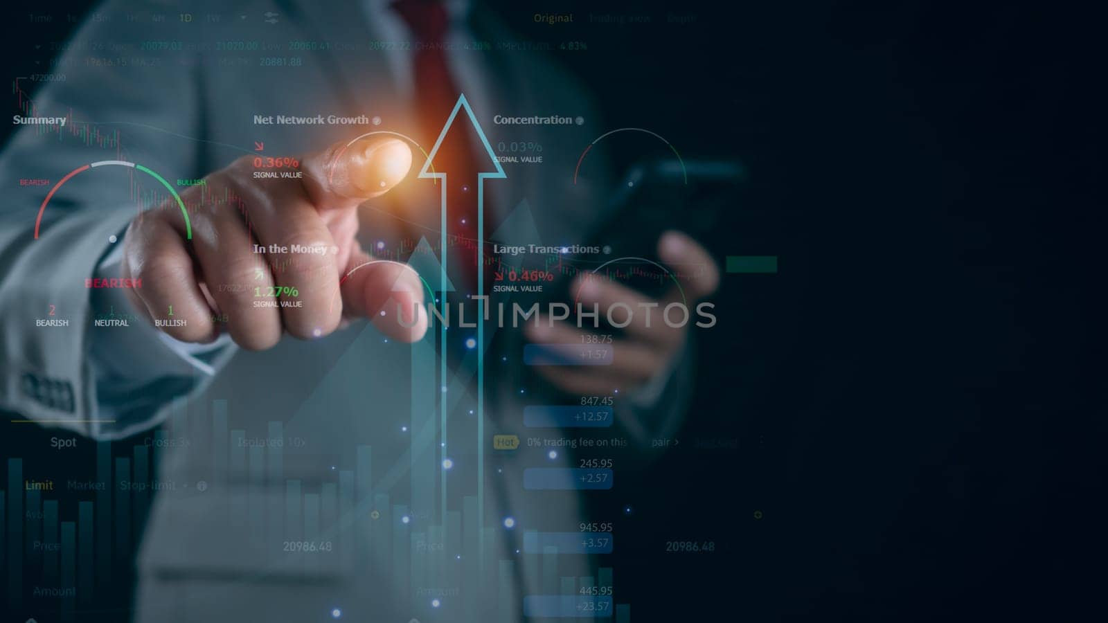 Stock market, Business growth, invest in trading, progress or success concept. Businessman or trader is showing a growing virtual hologram stock. by Unimages2527