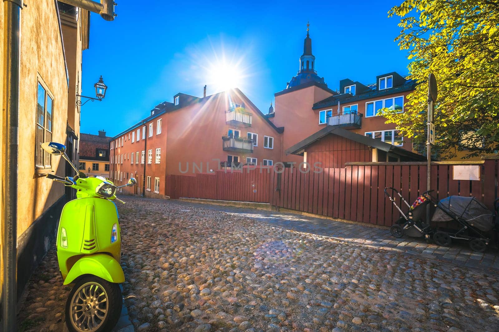 Colorful architecture of Stockholm old city center upper town view, Saint Katarina Parish church, capital of Sweden