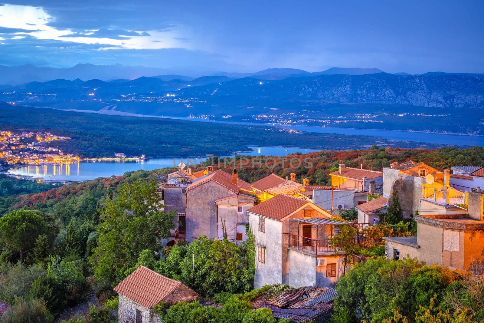 Historic town of Dobrinj and turquoise Soline bay evening view, Island of Krk, Kvarner Gulf of Croatia