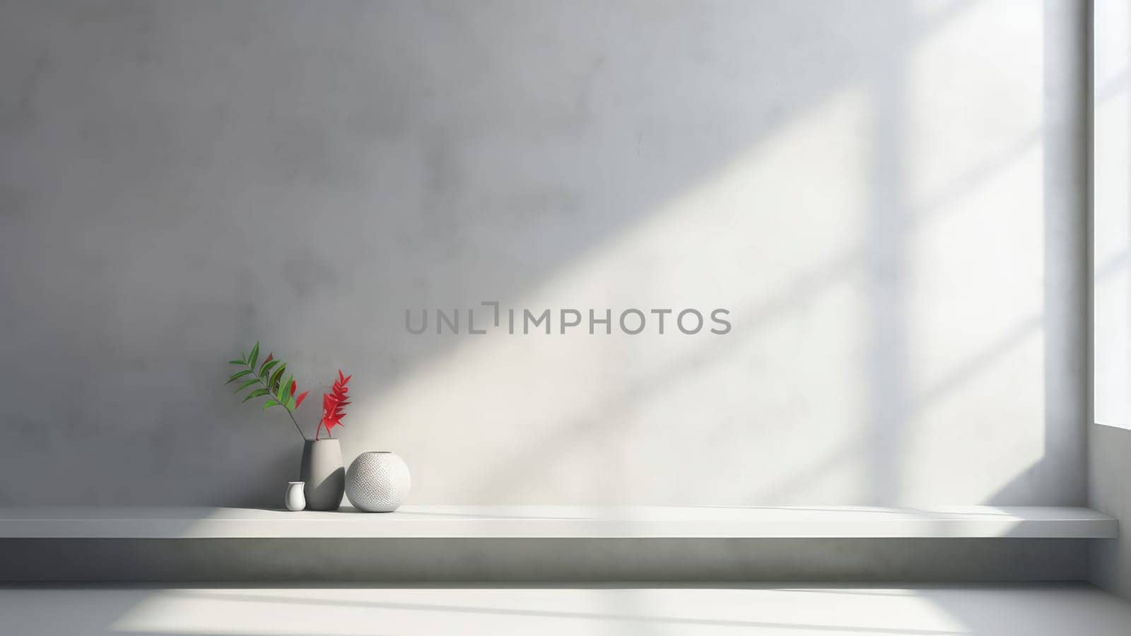 3D interior rendering of a potted plant on built-in white concrete shelving in living room. by Arissuu1