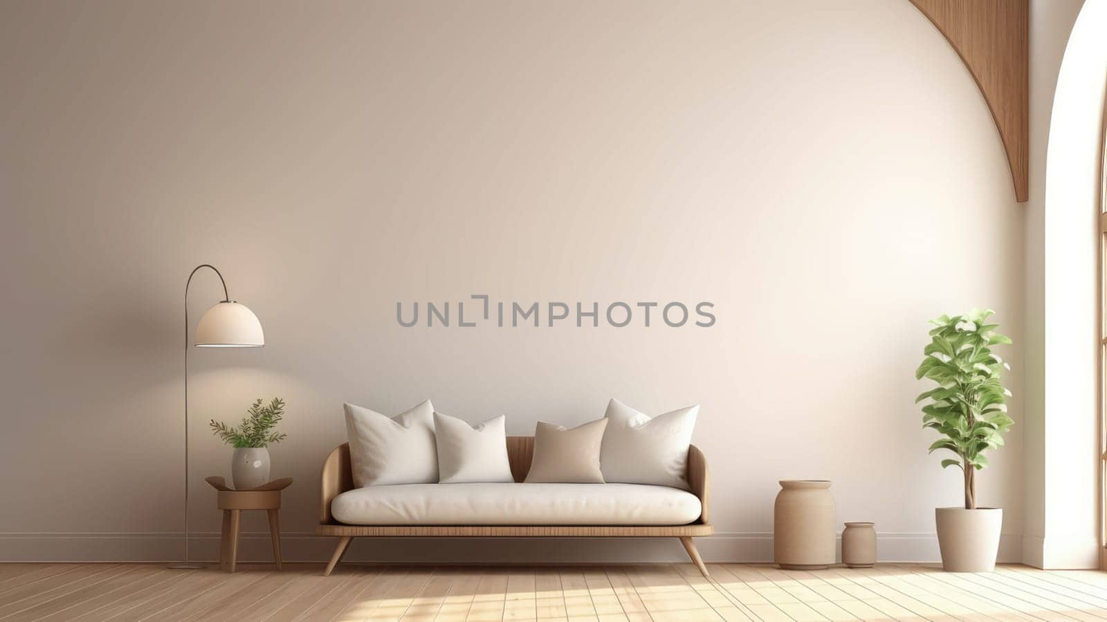 3D rendering of a couch cushion on a wooden bench in the living room. by Arissuu1