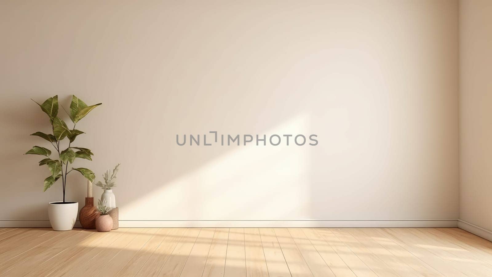 3d rendering of a potted plant on the floor in a living room. The living room is spacious and has a lot of natural light.