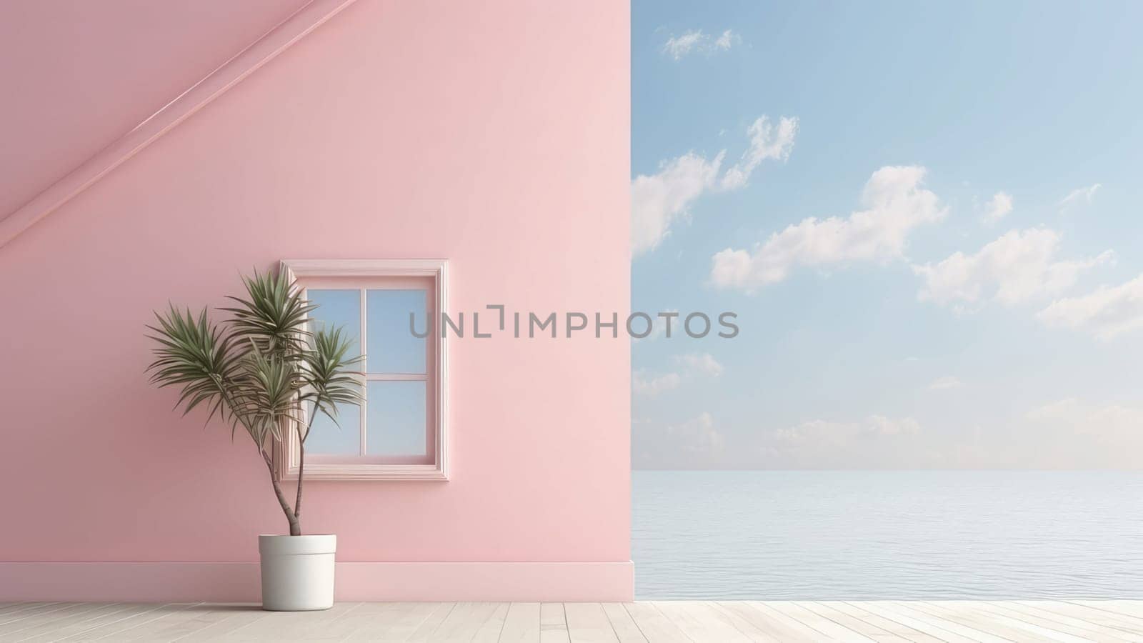 3D rendering of a pink house model is simple in design with a sea sky scenery.