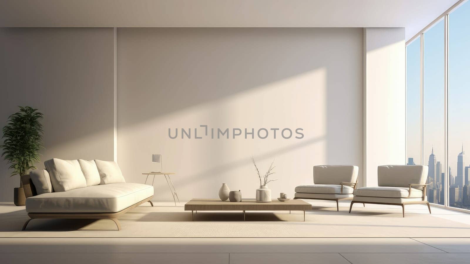 3D interior rendering of a white couch and potted plants in living room. The room is empty and has a lot of natural light.