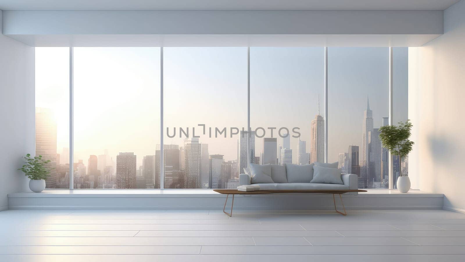 3D rendering of a modern living room with a view of the cityscape. The city skyline is plenty of natural light and visible through the window, and it provides a stunning view.