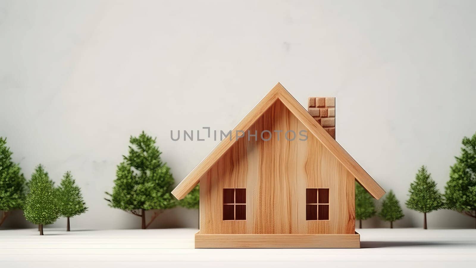 3D Rendering of a wooden model of a house on a wooden base, suggesting the potential for creativity and imagination in art.