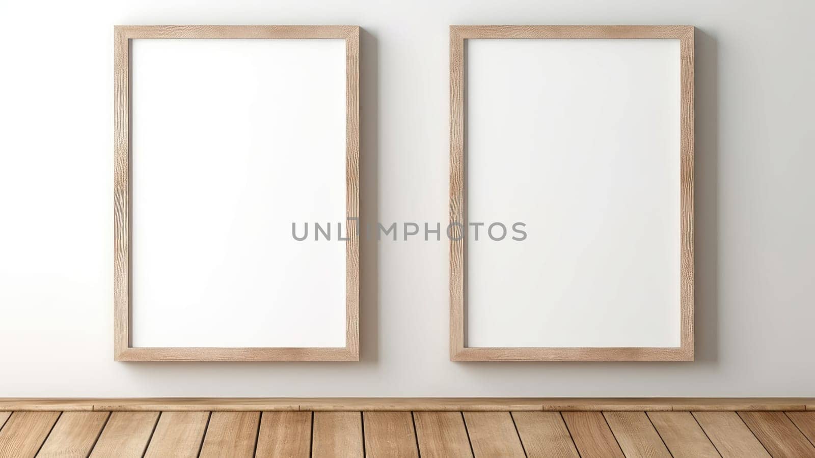 3D rendering of two empty gallery borders hang on a wall. The empty borders are simple and uncluttered, made of wood with a smooth finish. The wall is painted white, providing a clean and neutral backdrop for the borders.