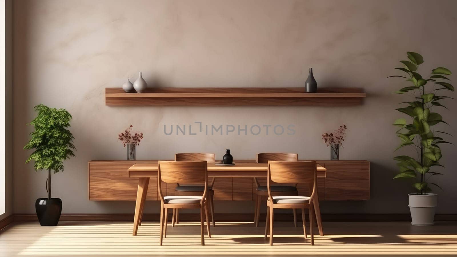 3D rendering of a dining room with a wooden table and upholstery chairs, potted plant and a wooden shelf on wall.