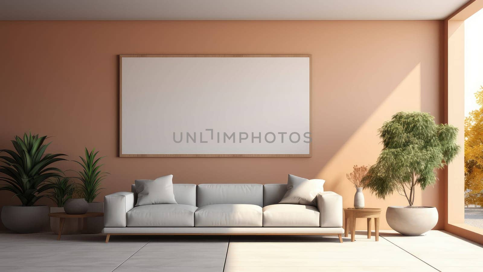 3D rendering of a living room with a couch, potted plants, and a picture border on the wall. The picture border is gold, and it contains a blank space on it.