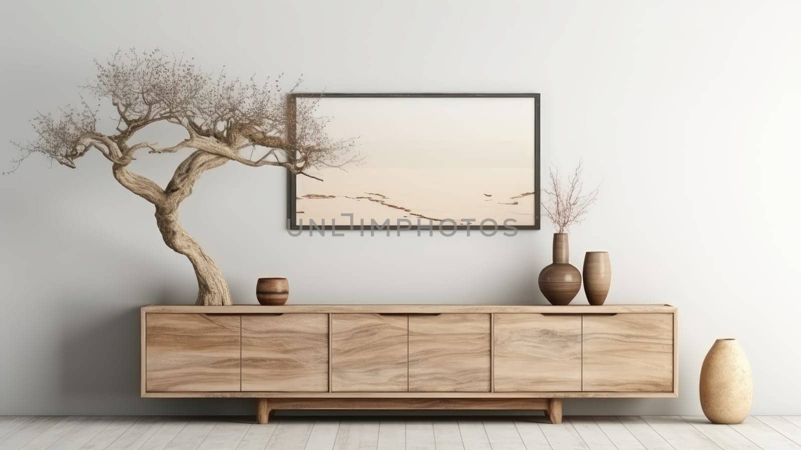 3D rendering of a wooden dresser with a tree and vases on it. The tree is a small bonsai tree and the vases are filled with dried plant.