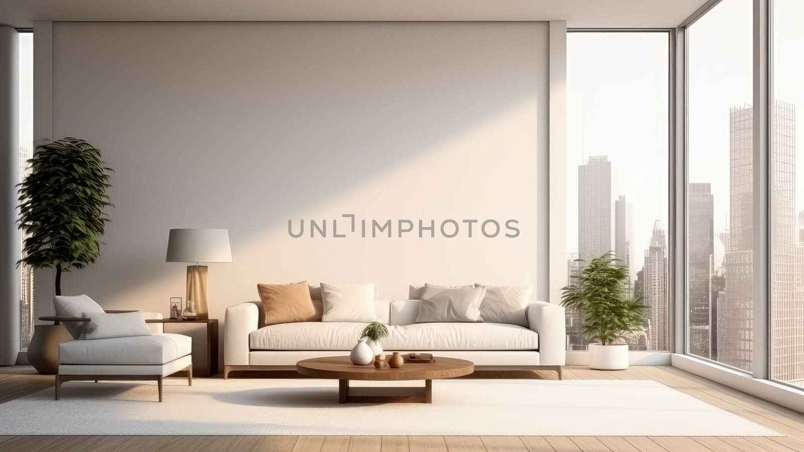 3D rendering of a living room with a couch and a city view from window. The couch is white and has pillows on it.