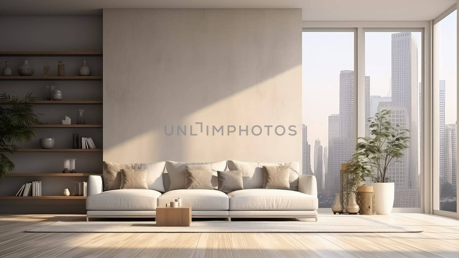 3D rendering of a living room with a couch and a city view from window. The couch is white and has pillows on it.