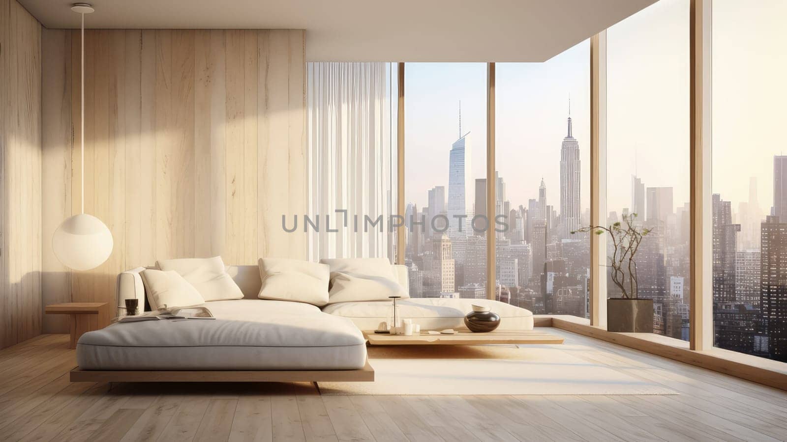 3D rendering of a cozy living room with a city view from window. The room is filled with comfortable furniture, including a sofa, armchairs, and ceiling lamp.