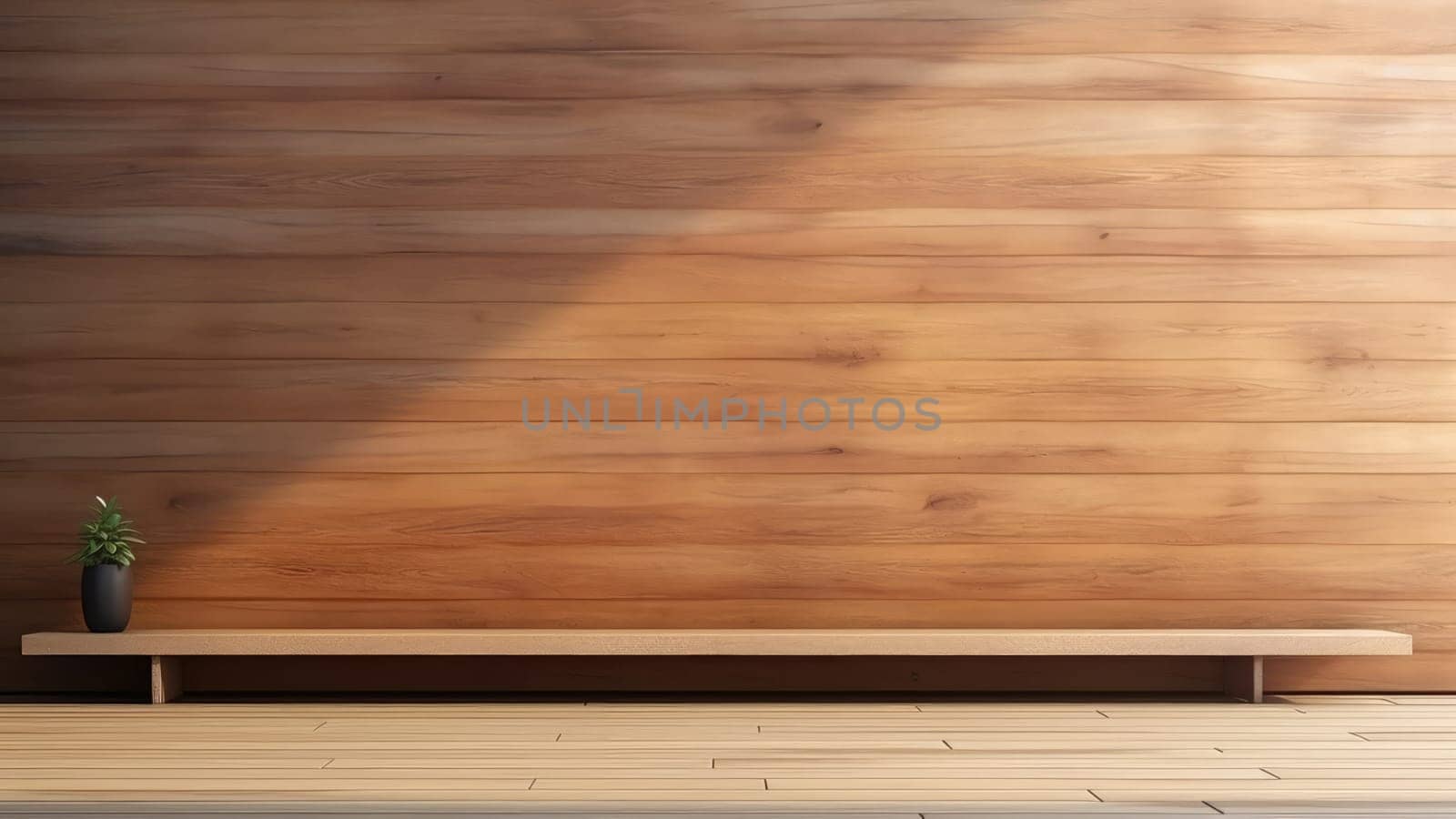 3D rendering of a wooden wall with a shelf and potted plants on it. The wall is made of dark wood and has a smooth finish.
