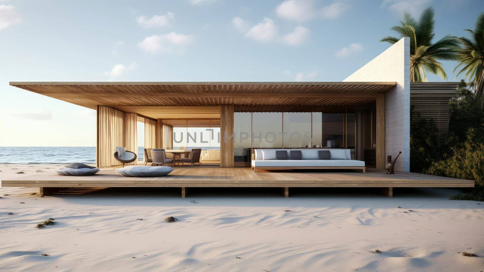 3D rendering of a small house on a beach. The house is surrounded by palm trees. The ocean is visible in the distance.