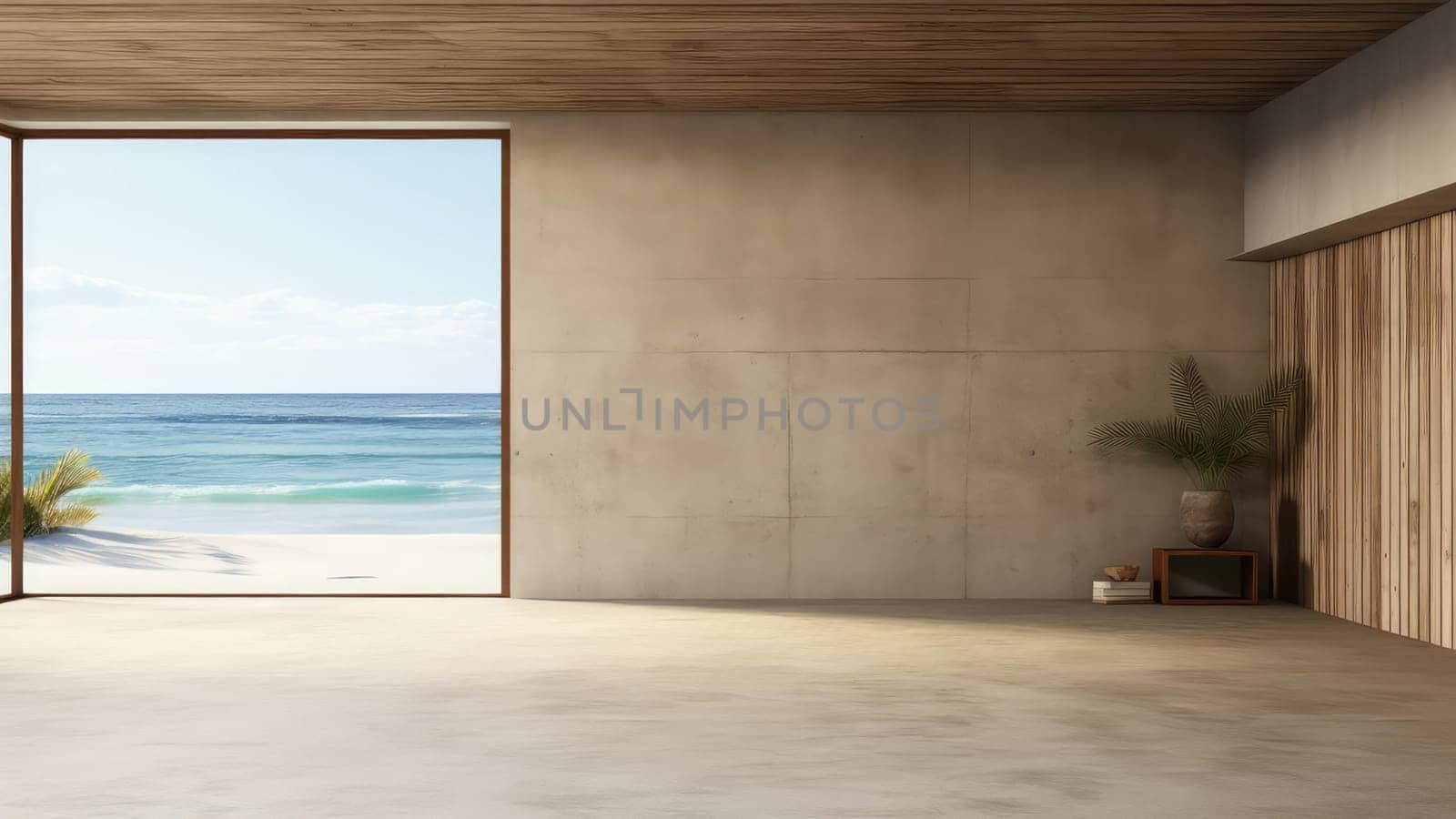 3D rendering of an empty room with a large window overlooking the ocean and a palm tree. The room is spacious and has plenty of natural light.
