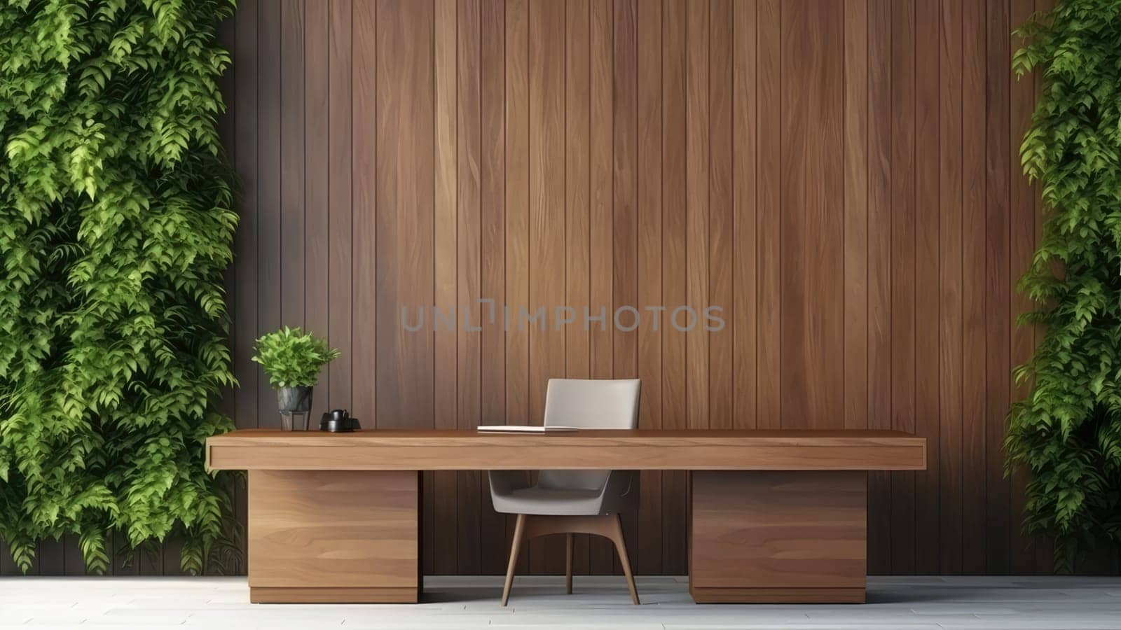 3D rendering of a wooden desk with a chair set in front of a wooden wall with green plants. The plants add a touch of life and color to the space.