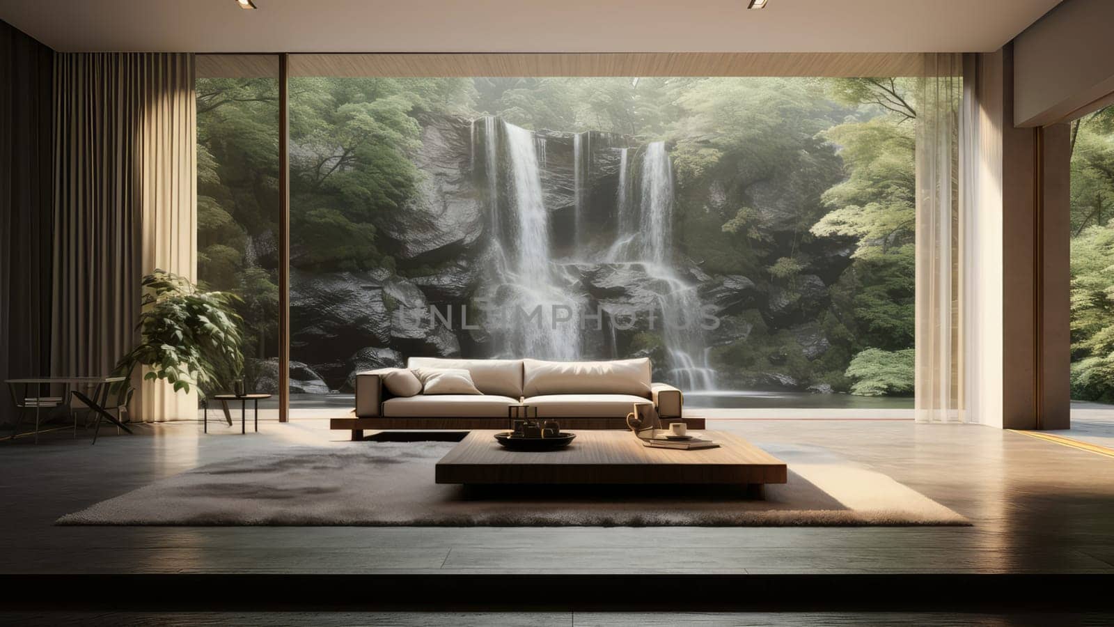A 3D rendering of a living room with a waterfall forest background. The living room is spacious and has a lot of natural light.