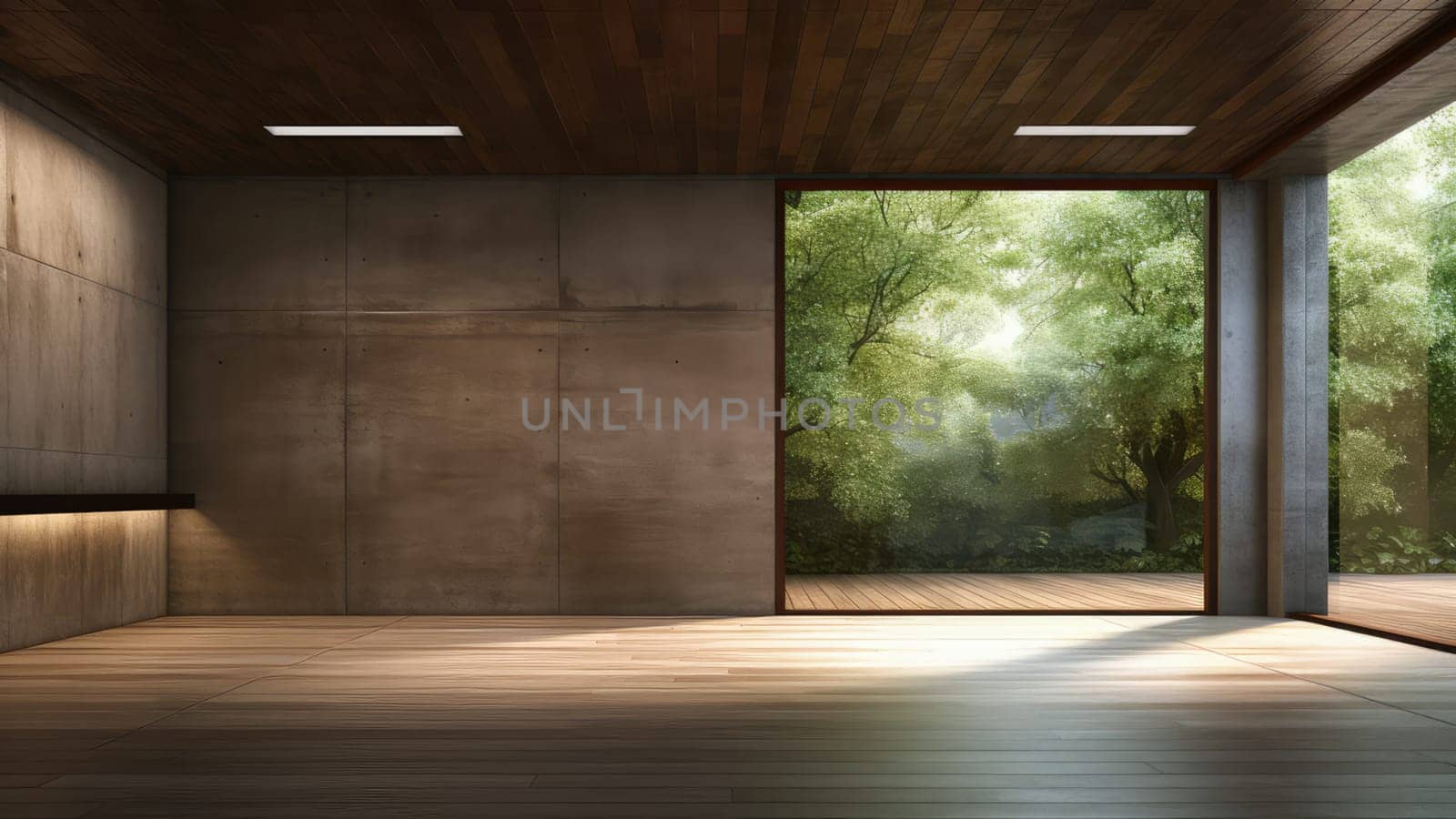 A 3D rendering of a room with a large window overlooking a forest. The room is spacious and has a lot of natural light.