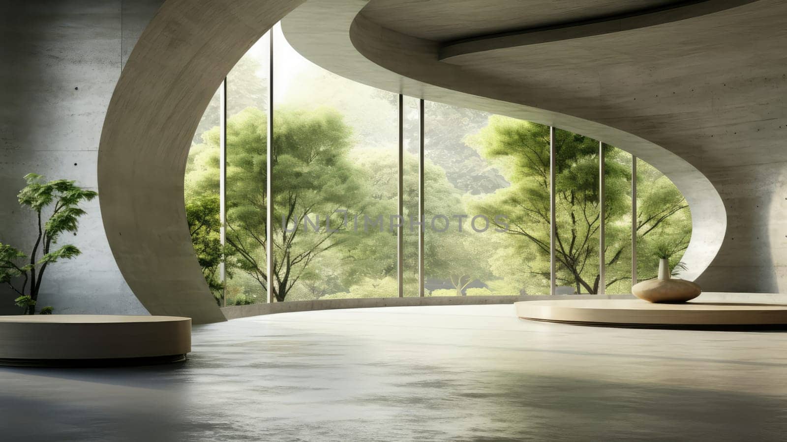 A 3D rendering of a room with a large window overlooking a forest. The room is spacious and has a lot of natural light.