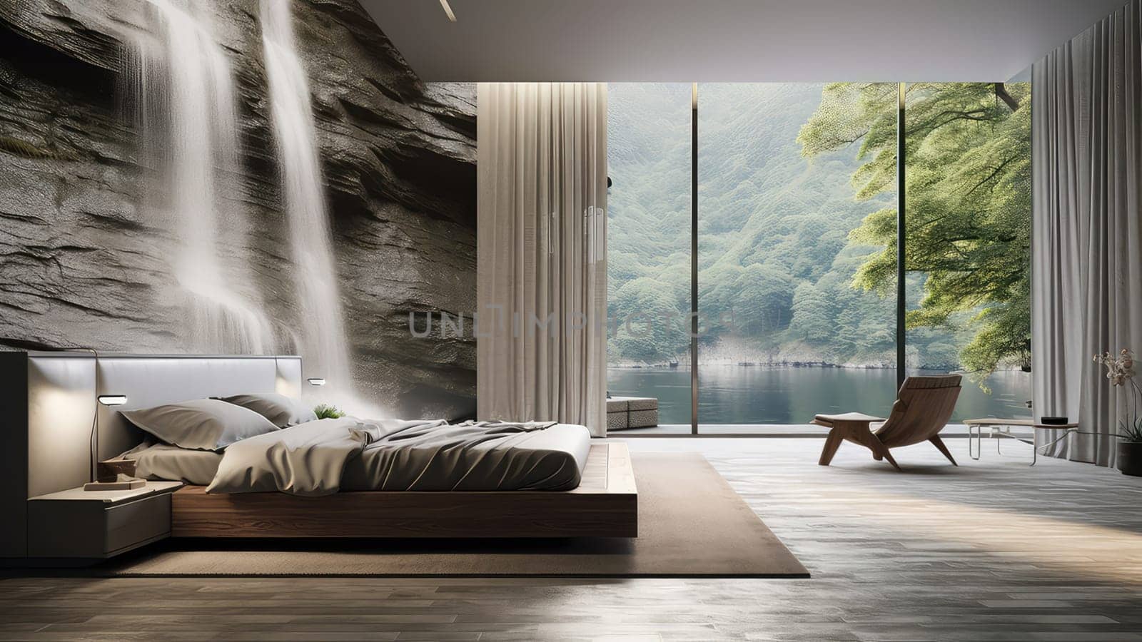 3D Rendering of a bedroom with a waterfall wallpaper. The waterfall is flowing down a rock face, creating a sense of tranquility and peace.