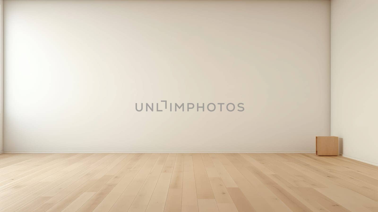 3D Rendering of the empty room with white walls and a box on wooden floor. The room is simple and uncluttered, and it creates a sense of peace and tranquility.