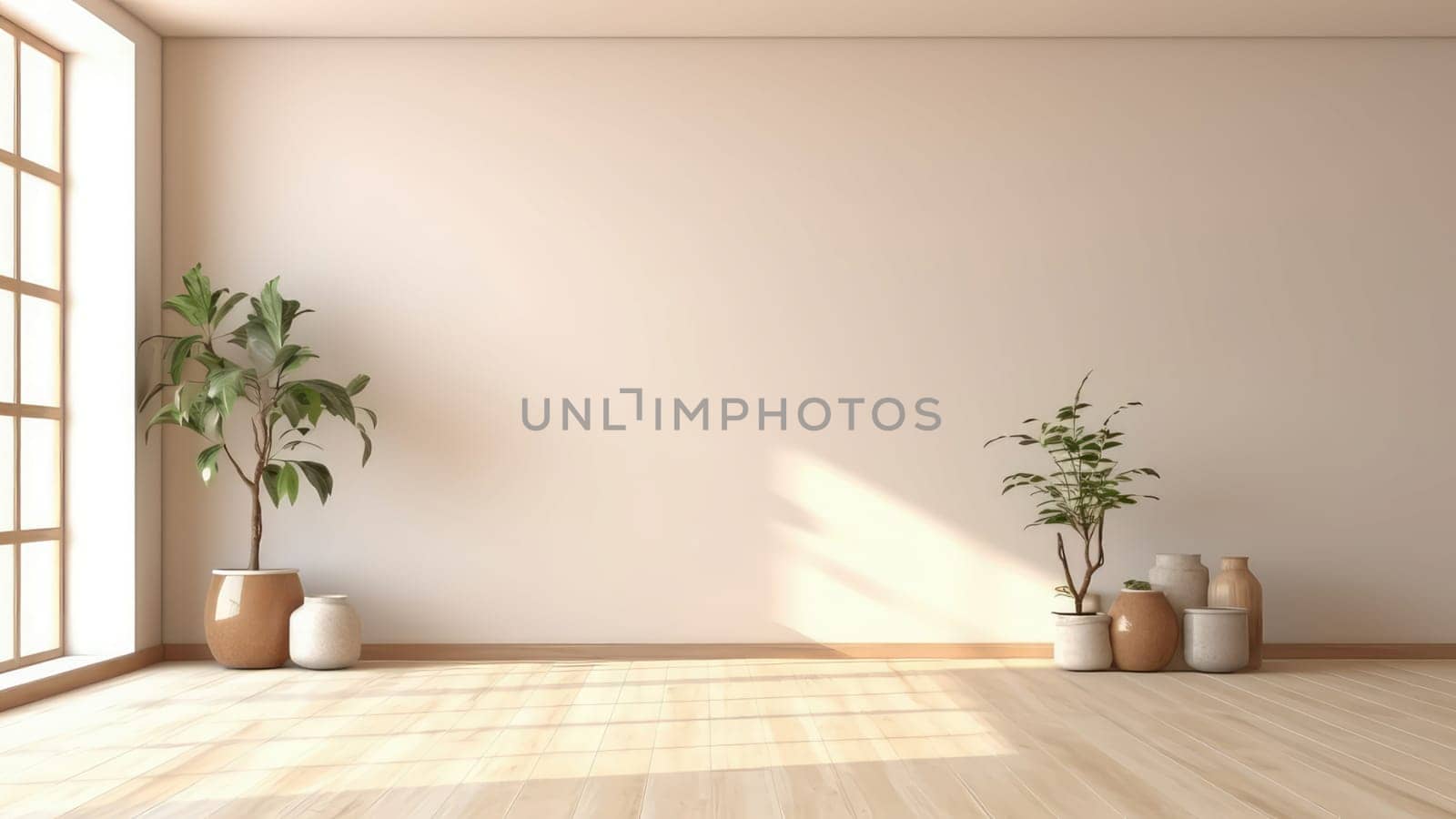 3D Rendering of a living room with potted plants and a large window. The room is empty and has a lot of natural light.