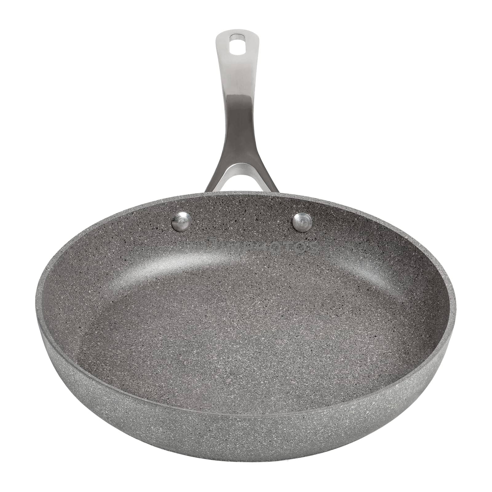 Frying pan with non-stick coating on a white isolated background. New gray frying pan, clipart for inserting into a design or project. Overlay for kitchen theme