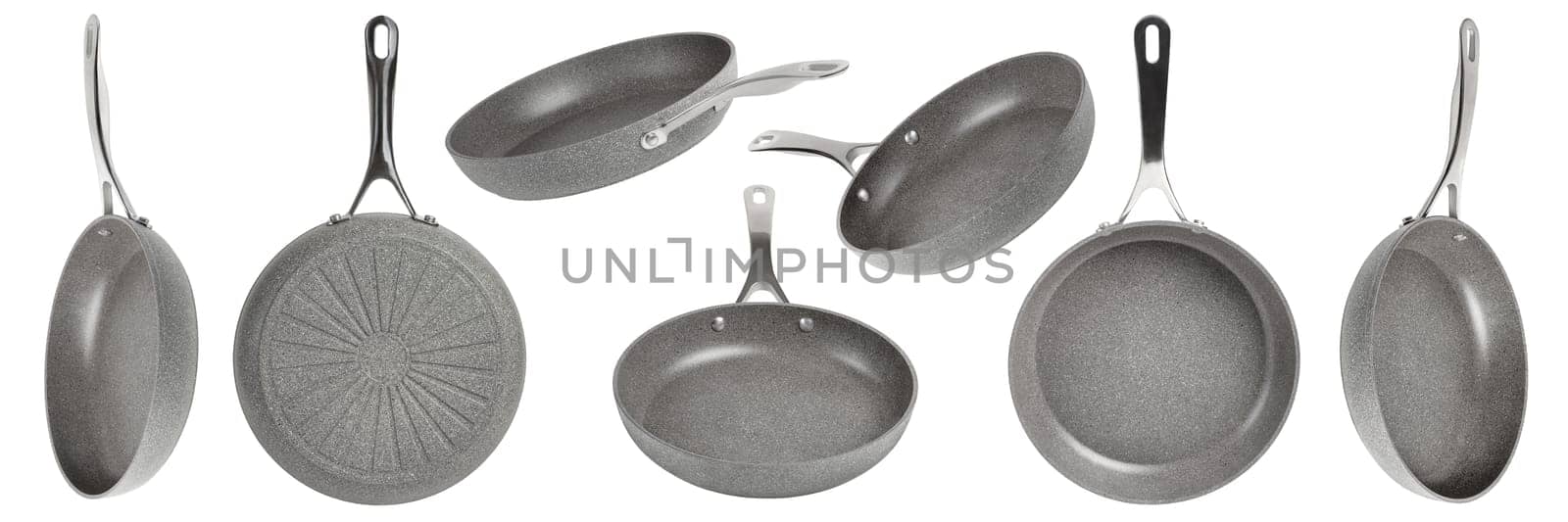 Big set of frying pans with non-stick coating on a white isolated background. New gray frying pans, clipart for inserting into a design or project. Overlay for kitchen theme. Different angle.
