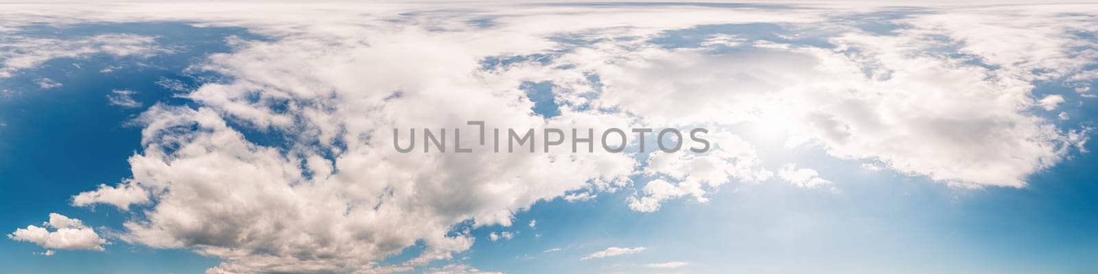 Blue summer sky panorama with Cumulus clouds. Seamless hdr spherical 360 panorama. Zenith or sky dome in 3D visualization, sky replacement for aerial drone 360 panoramas. Weather and climate change by Matiunina