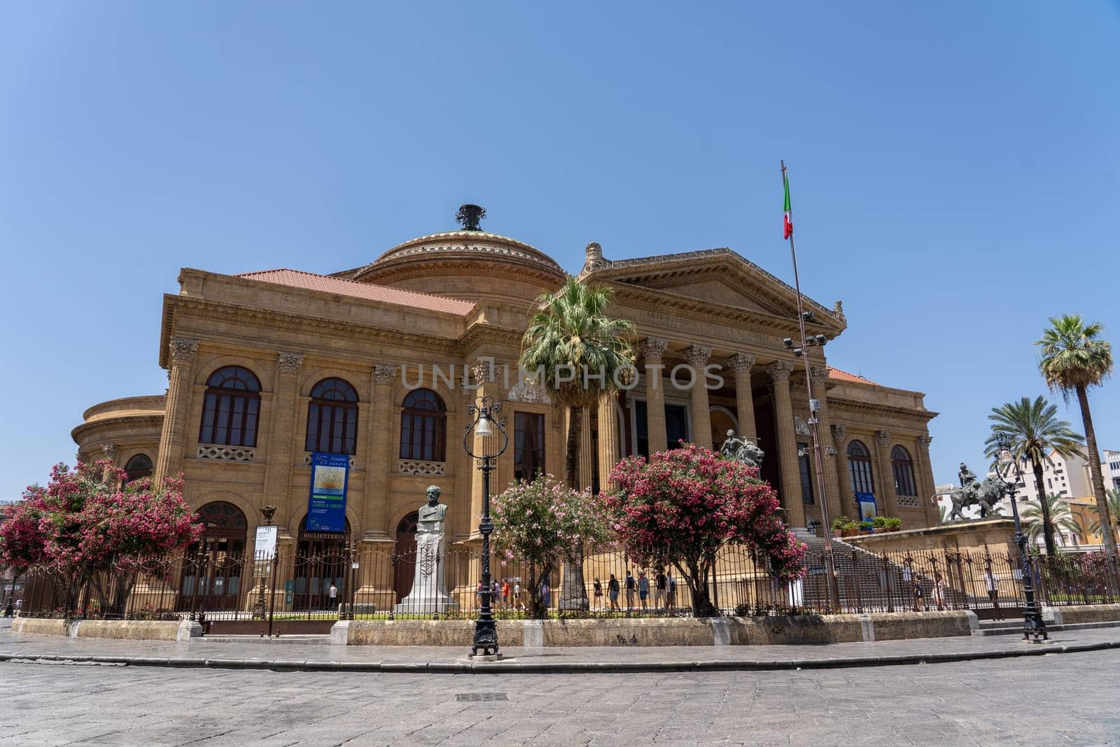 Palermo, Italy - July 20, 2023: Exterior view of the famous Teatro Massimo in the historic city centre.