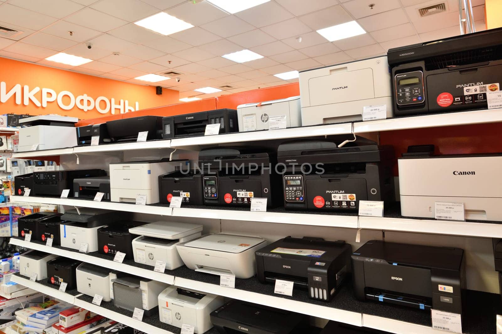 Moscow, Russia - Oct 19. 2023. Robot vacuums and and others in the DNS network store selling household appliances in Zelenograd