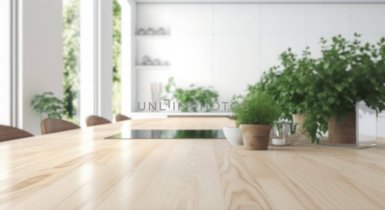 Blurred background with wooden table top and blur bokeh modern white kitchen interior with window and green plants in pots