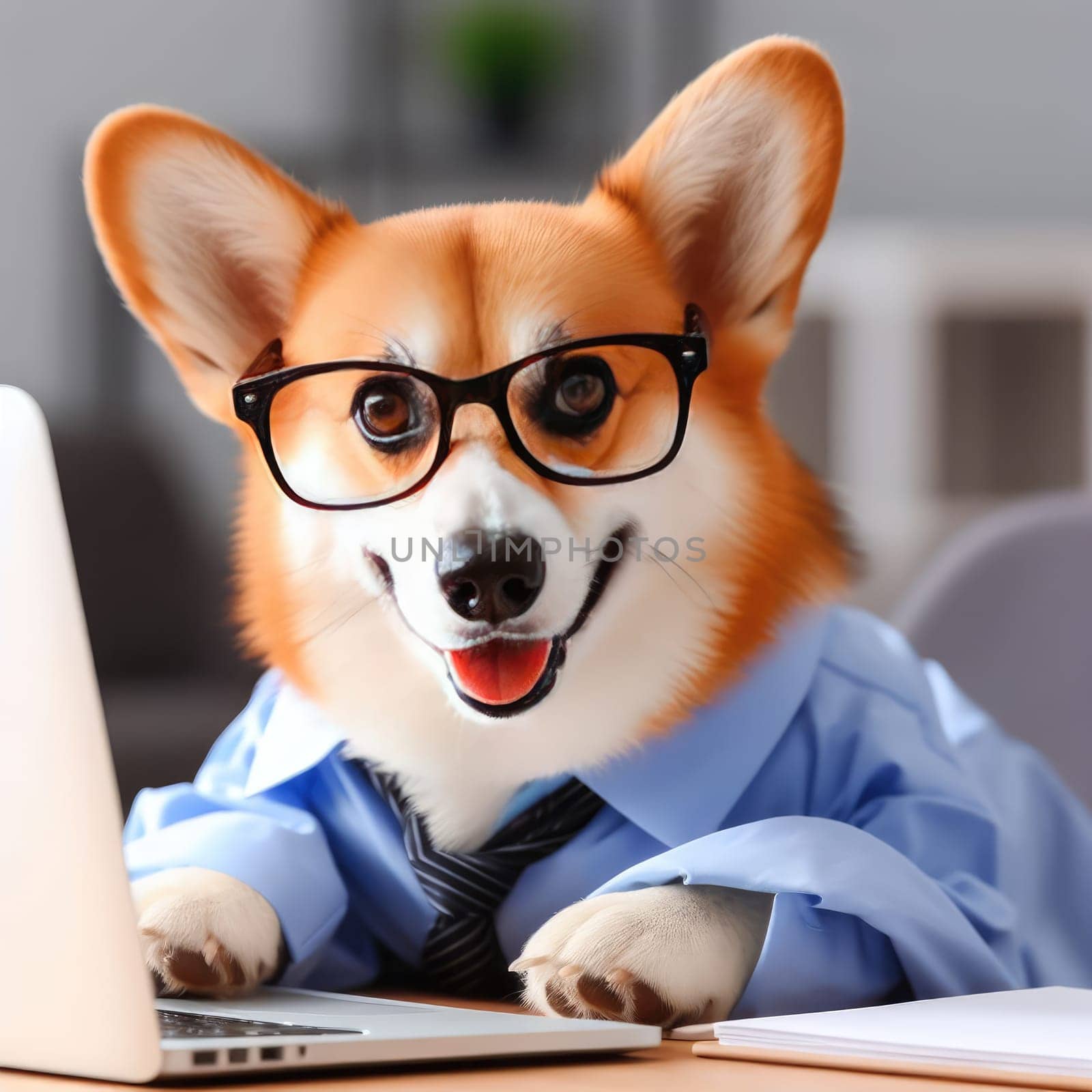 Cute corgi dog looking into computer laptop working in glasses and shirt by Kobysh